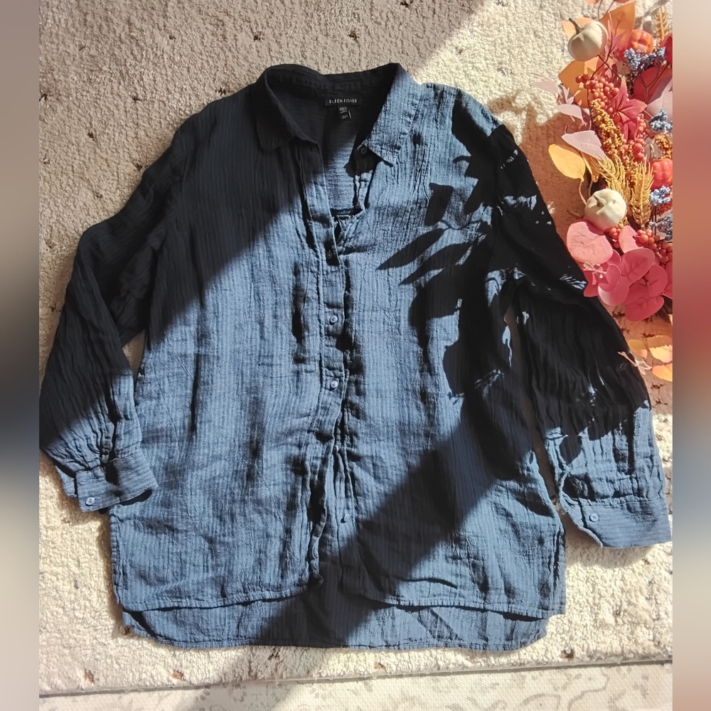 Eileen Fisher Puckered Linen Striped Button Up